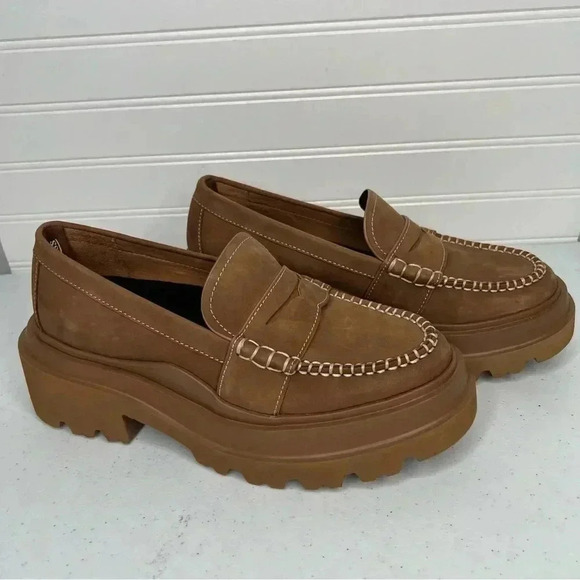 G.H. Bass Platform Lug Nubuck Suede Penny Loafers Sz 8 Camel - Picture 2 of 12